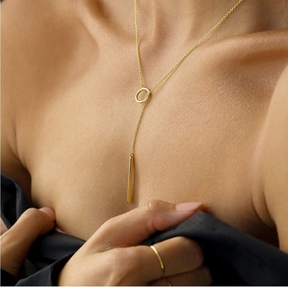 GOLD 14k Gold Plated Circle Bar Lariat Necklace - Picture 2 of 5